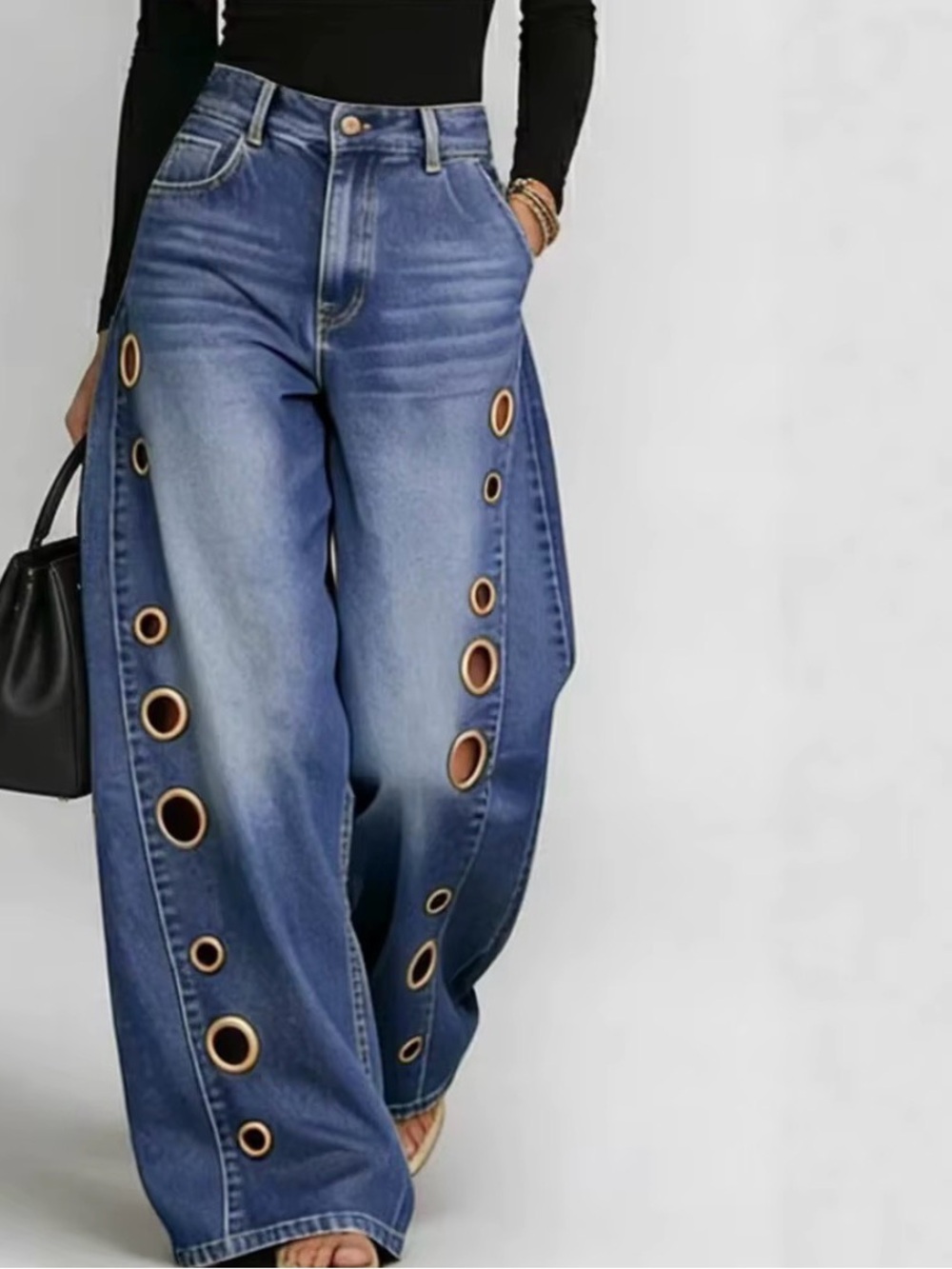 Wide Leg Blue Jeans with Grommet Detail